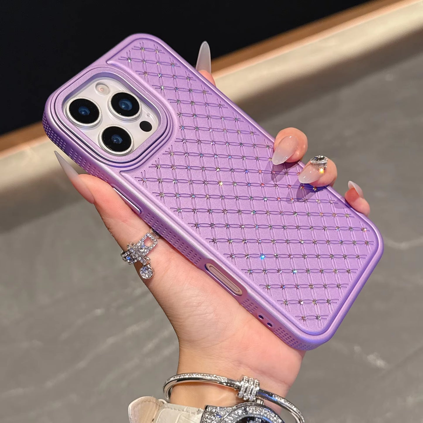 Luxe Pure Color Starry Sky Diamond Leather Lozenge Grid Sparkling Back Phone Covers for iphone 17/16/15/14/13/12pro max