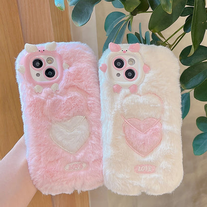 New Arrival Most Popular Winter Plush Shockproof Protective Soft White & Pink Phone Case