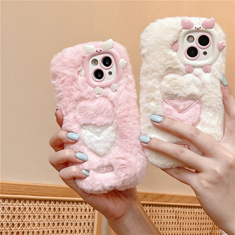 New Arrival Most Popular Winter Plush Shockproof Protective Soft White & Pink Phone Case