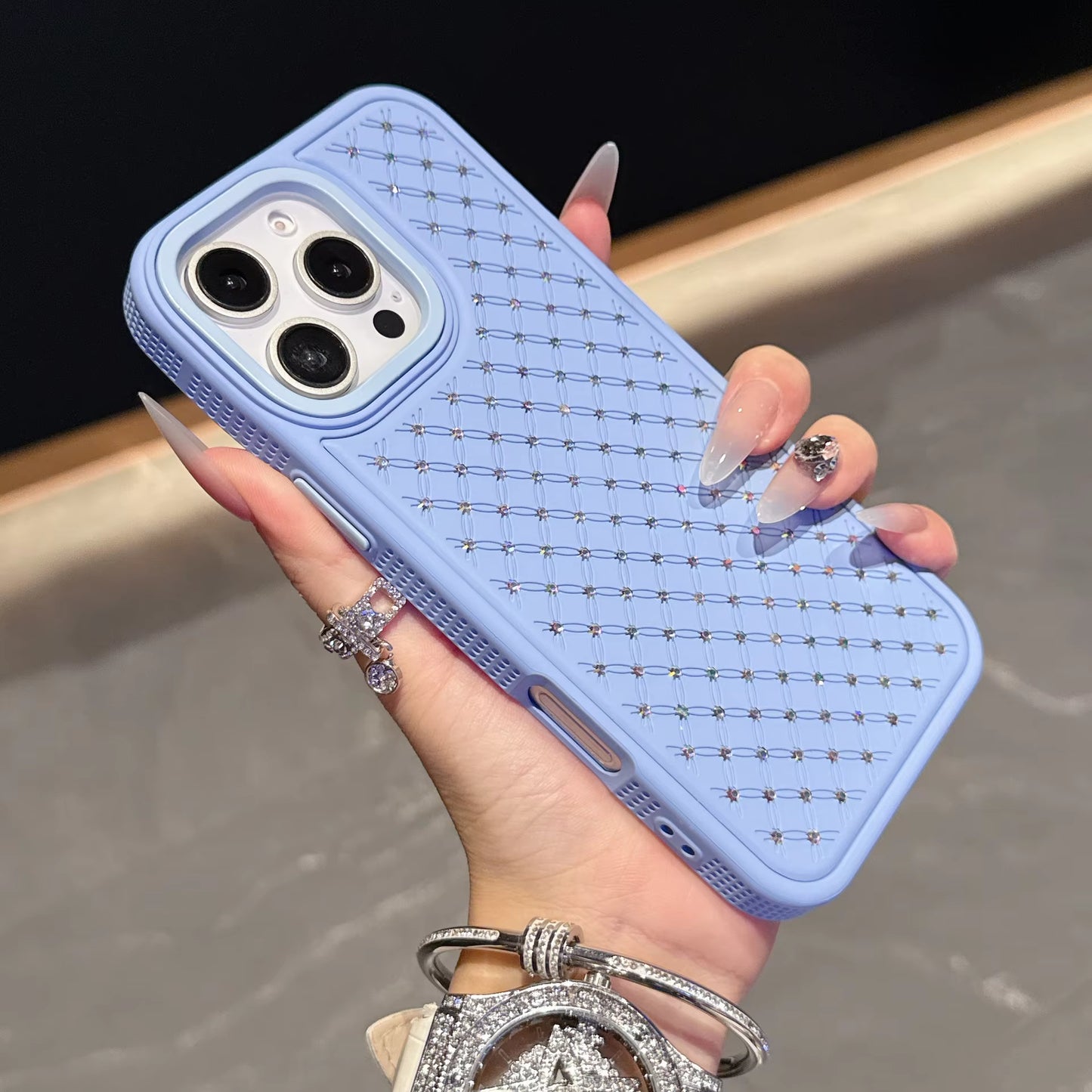 Luxe Pure Color Starry Sky Diamond Leather Lozenge Grid Sparkling Back Phone Covers for iphone 17/16/15/14/13/12pro max