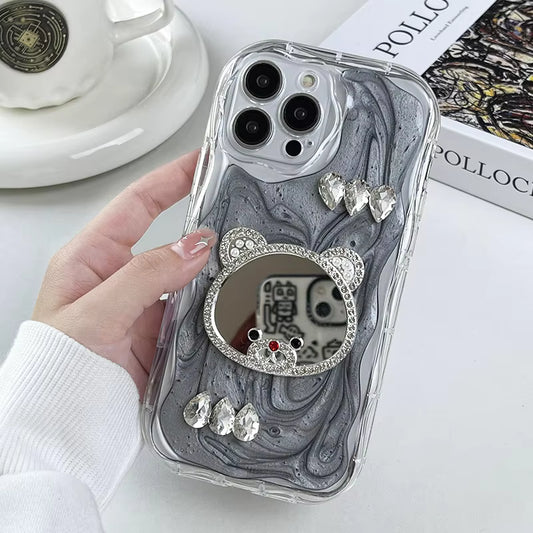 Luxury Style Bear Mirror Practical Function Wave Frame Diamond Glitter Soft TPU Phone Covers for Iphone12,13,14,15,16,17/17 Air/pro/pm