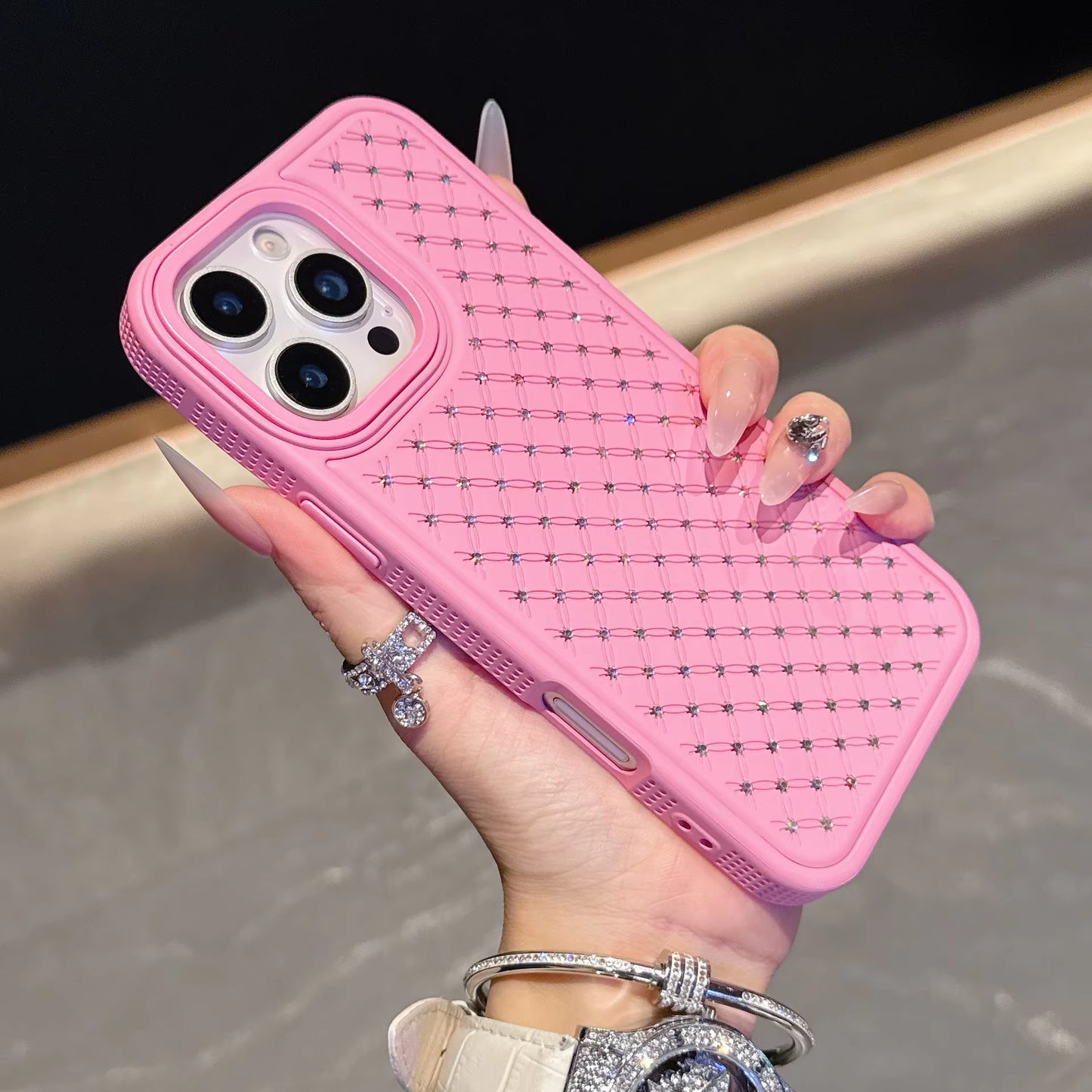 Luxe Pure Color Starry Sky Diamond Leather Lozenge Grid Sparkling Back Phone Covers for iphone 17/16/15/14/13/12pro max