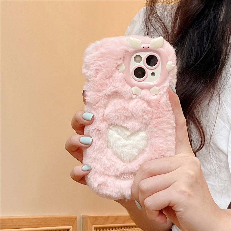 New Arrival Most Popular Winter Plush Shockproof Protective Soft White & Pink Phone Case