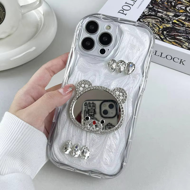 Luxury Style Bear Mirror Practical Function Wave Frame Diamond Glitter Soft TPU Phone Covers for Iphone12,13,14,15,16,17/17 Air/pro/pm