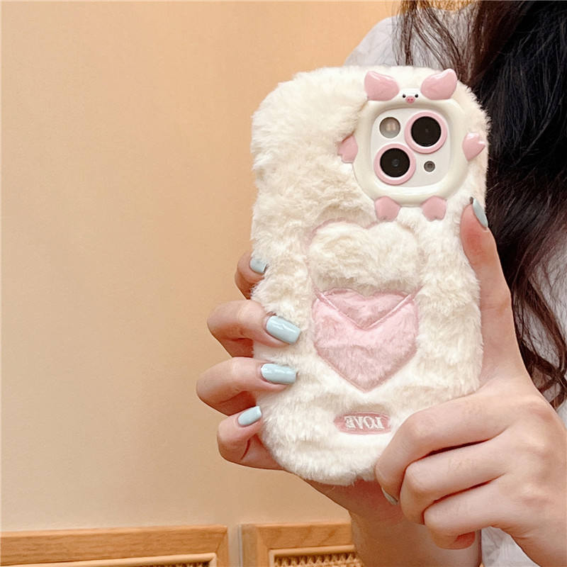 New Arrival Most Popular Winter Plush Shockproof Protective Soft White & Pink Phone Case